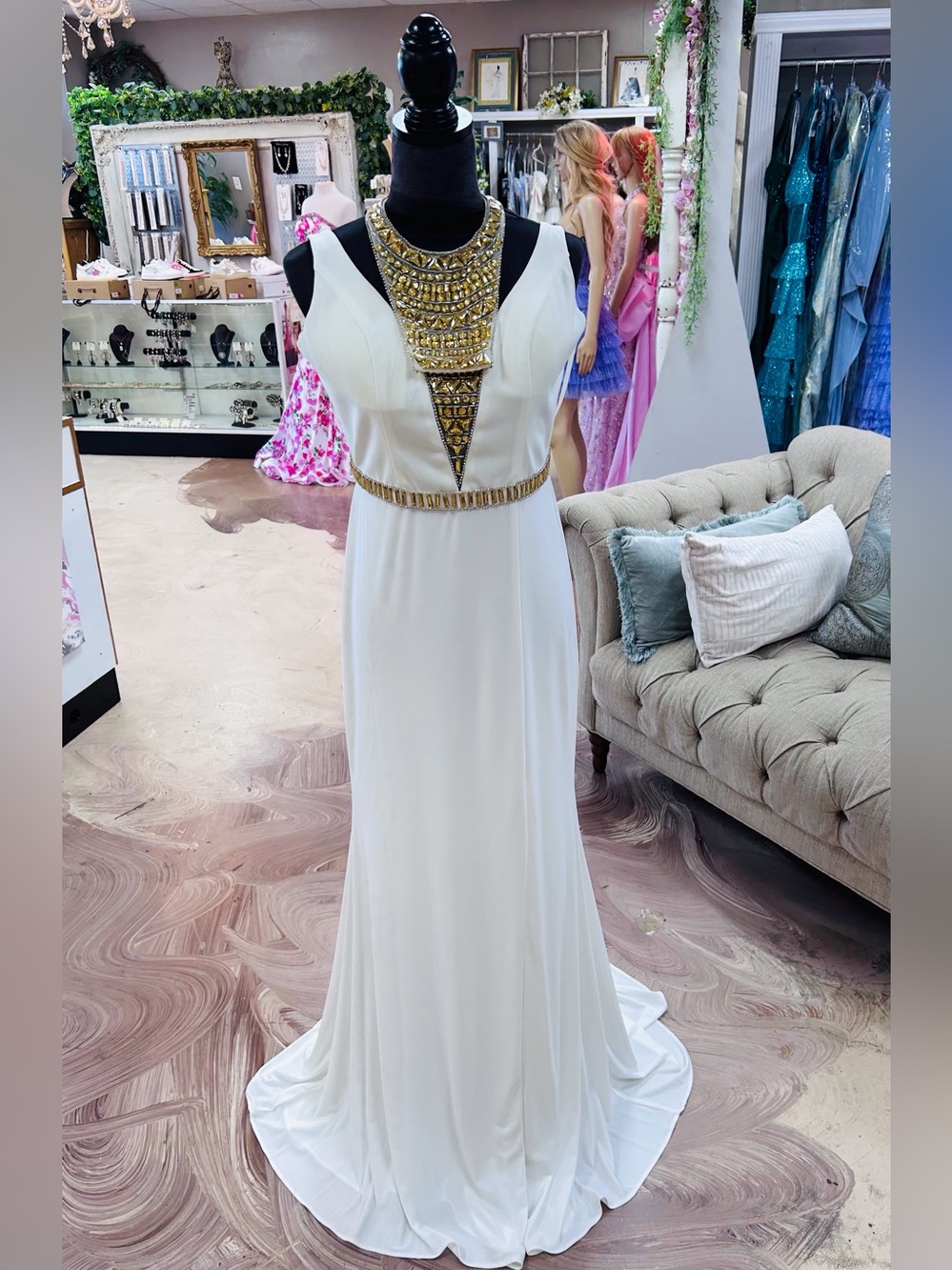 Gold-Embellished White Prom Gown